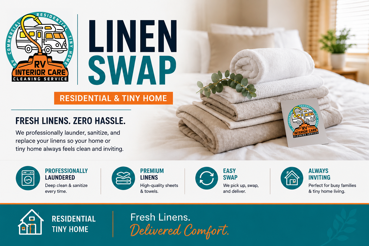 Tiny home linen swap service — fresh sheets and towels delivered across the Northwest Texas area