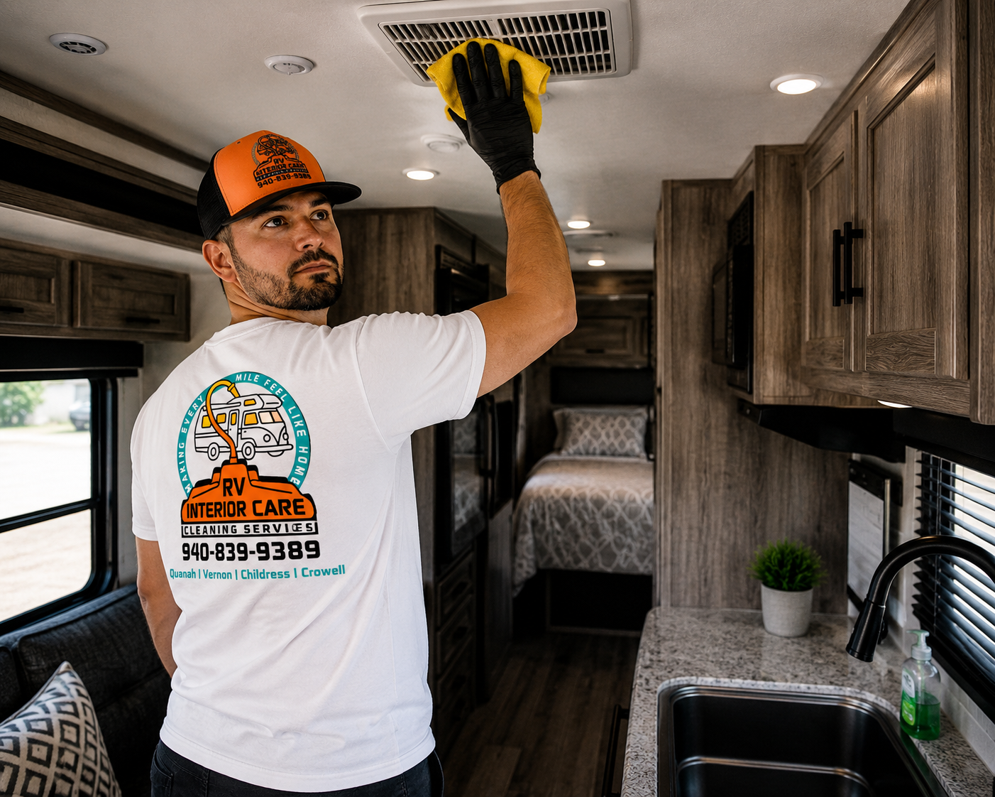 RV Interior Care team member cleaning an RV ceiling vent in the Northwest Texas area