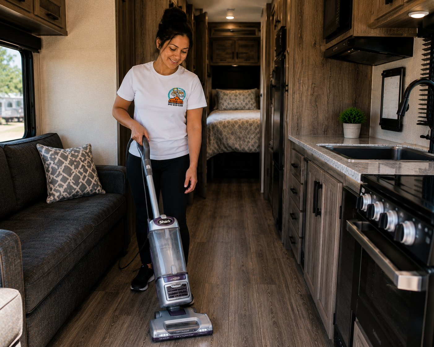 RV Interior Care team member vacuuming an RV interior in Quanah, Texoma