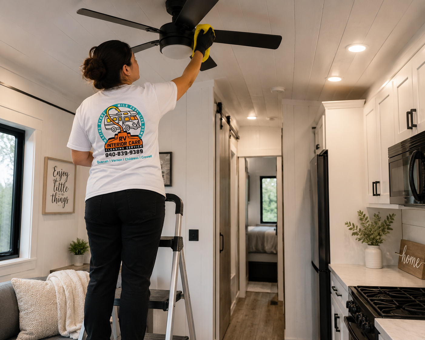 RV Interior Care team member cleaning a tiny home interior in the Northwest Texas area